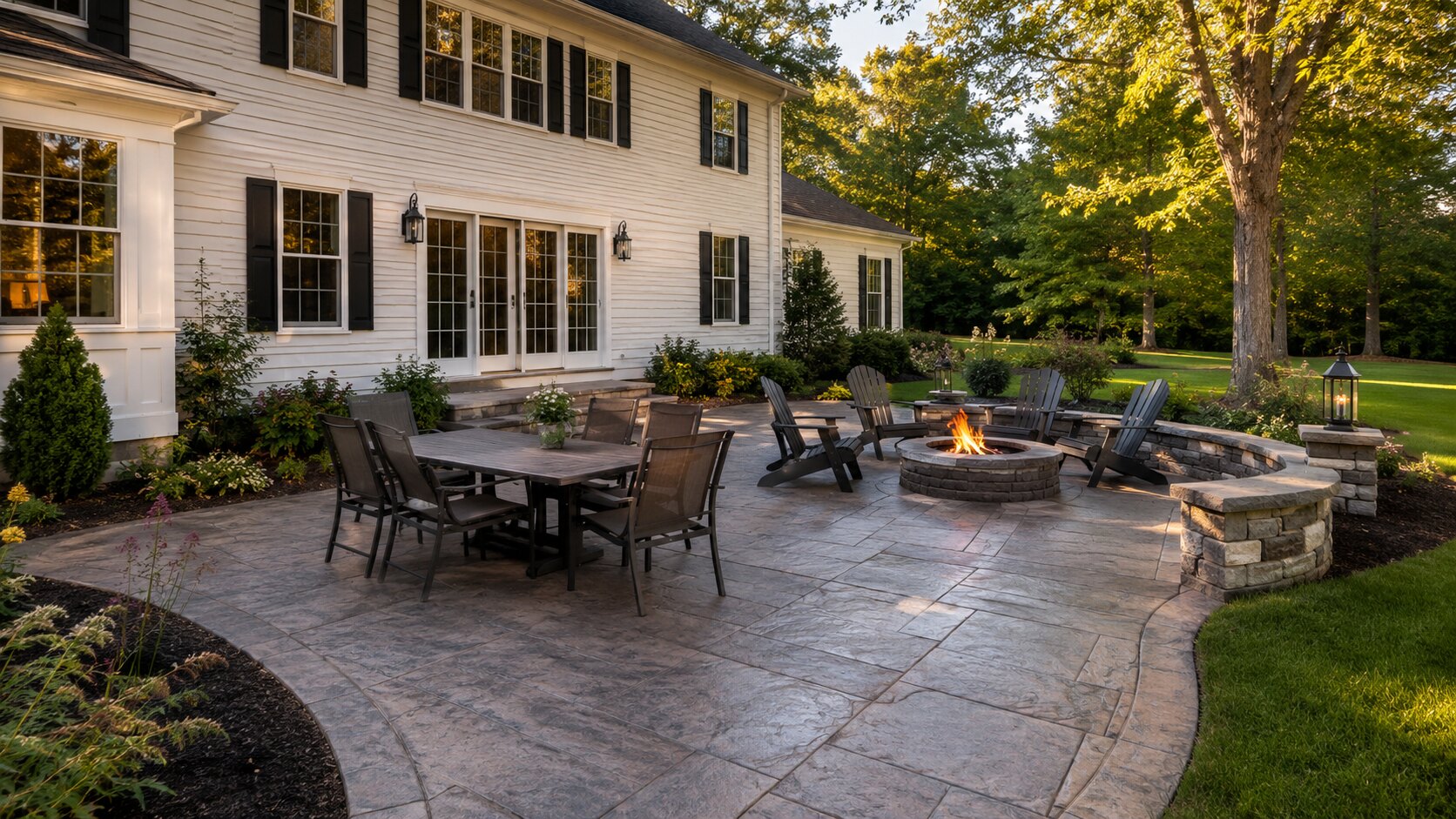 Stamped concrete patio beside a New England home